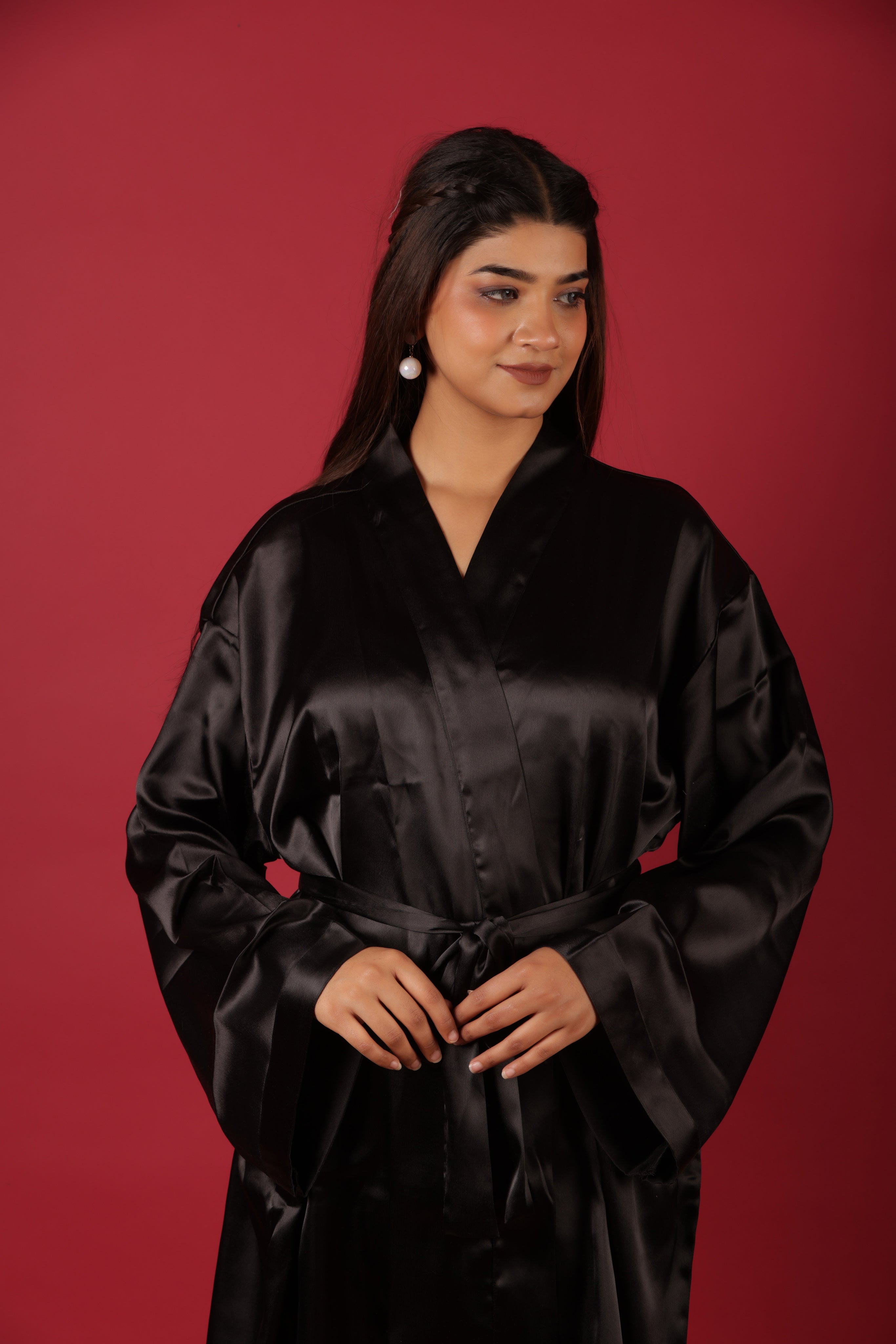Black Satin Kimono Resort Dressing Gown Bathrobe For Her